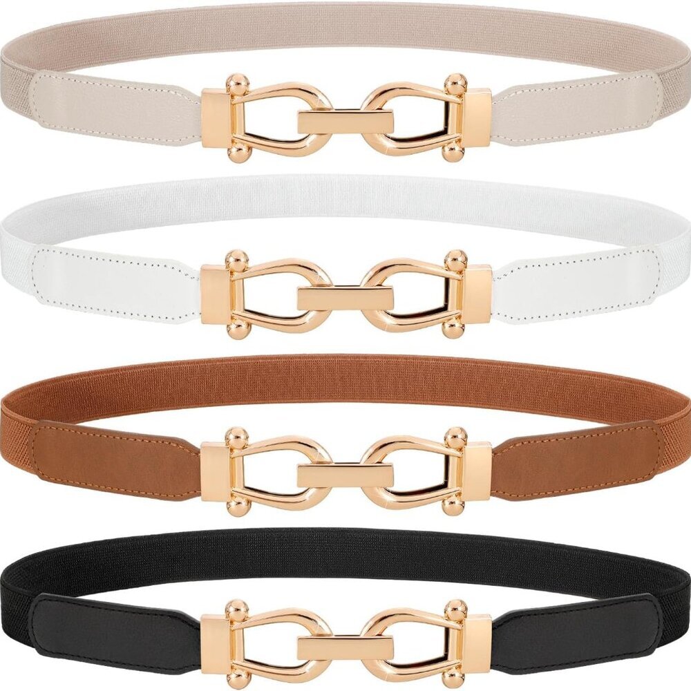 4 Pack Women Skinny Elastic Waist Belt Gold Buckle Stretchy Thin Belt for Jeans